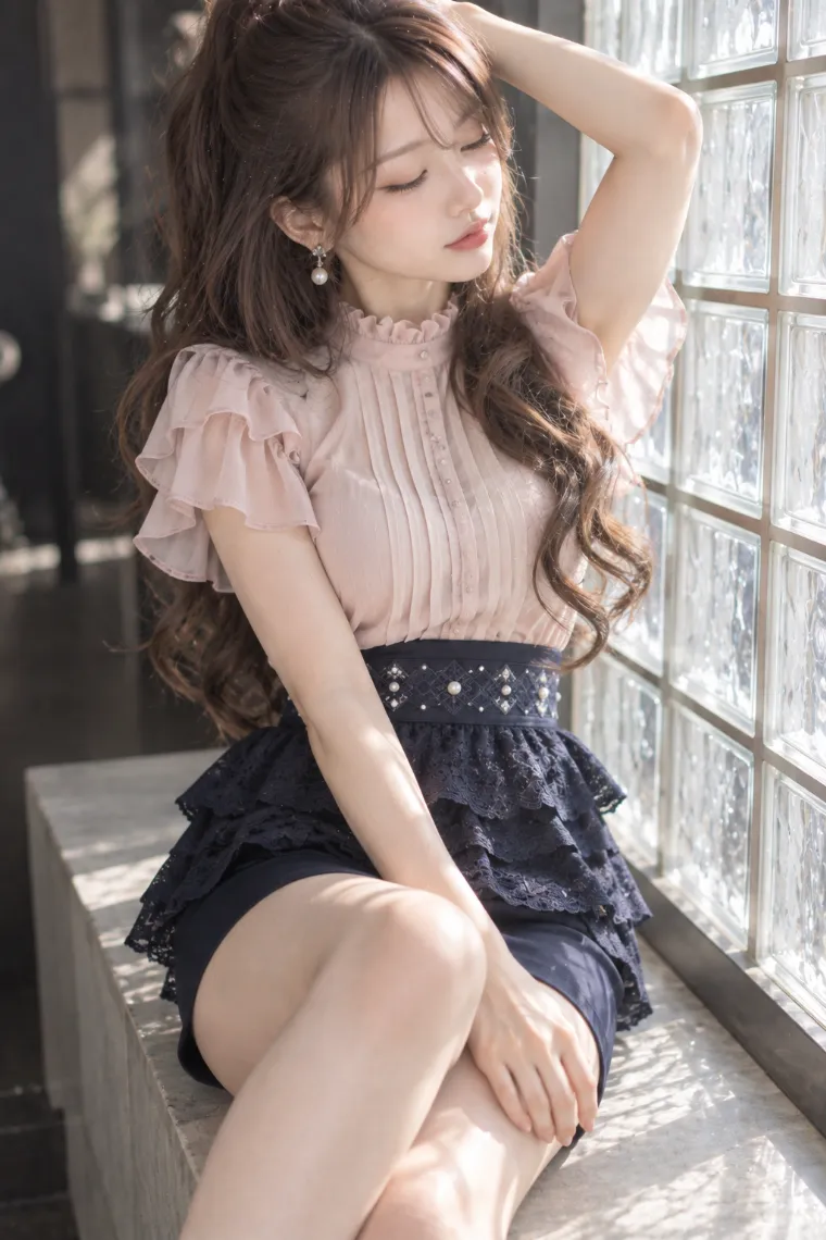 実写AI版｜窓辺で身体をひねって座り片手で髪をつかむポーズ｜女の子のポーズ