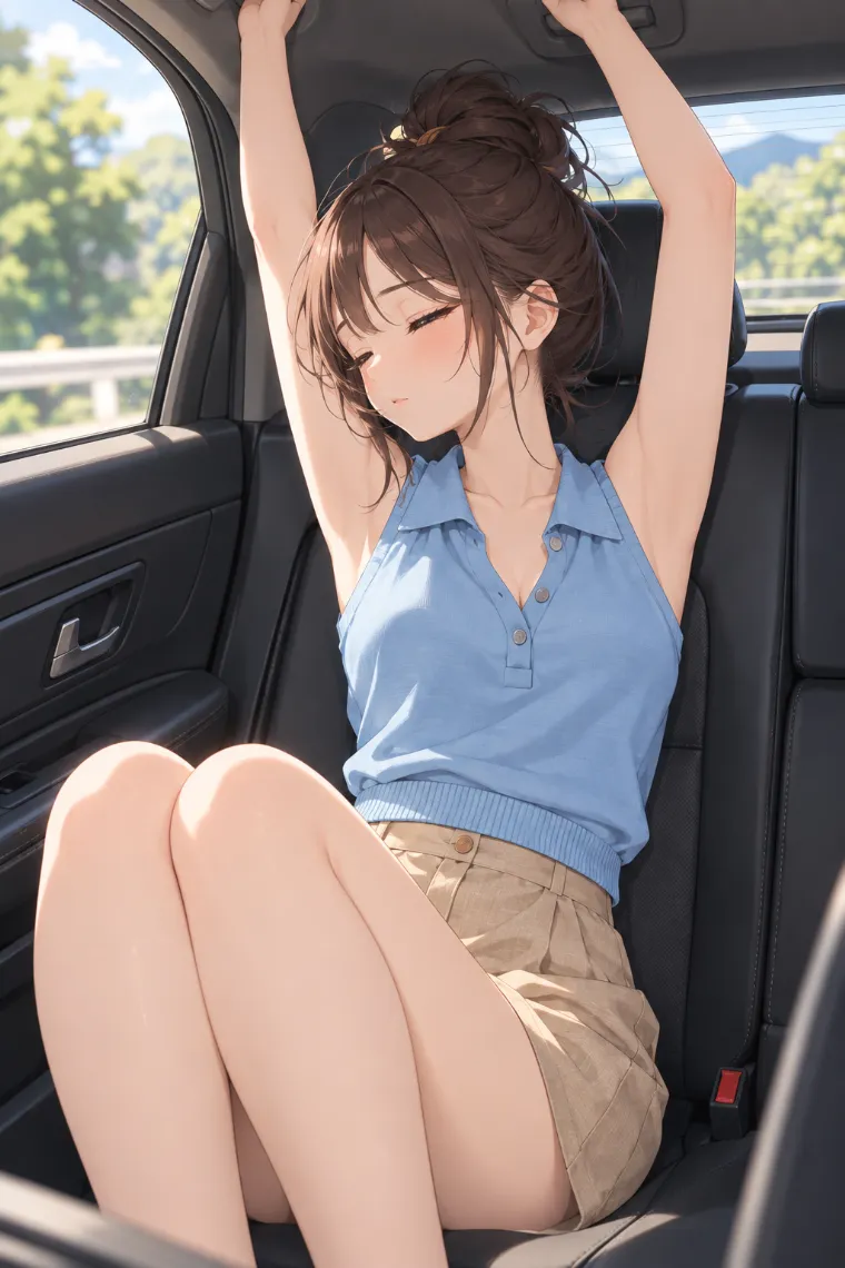 AIイラスト版｜車の後部座席で両腕を頭上へ伸ばすポーズ｜女の子のポーズ