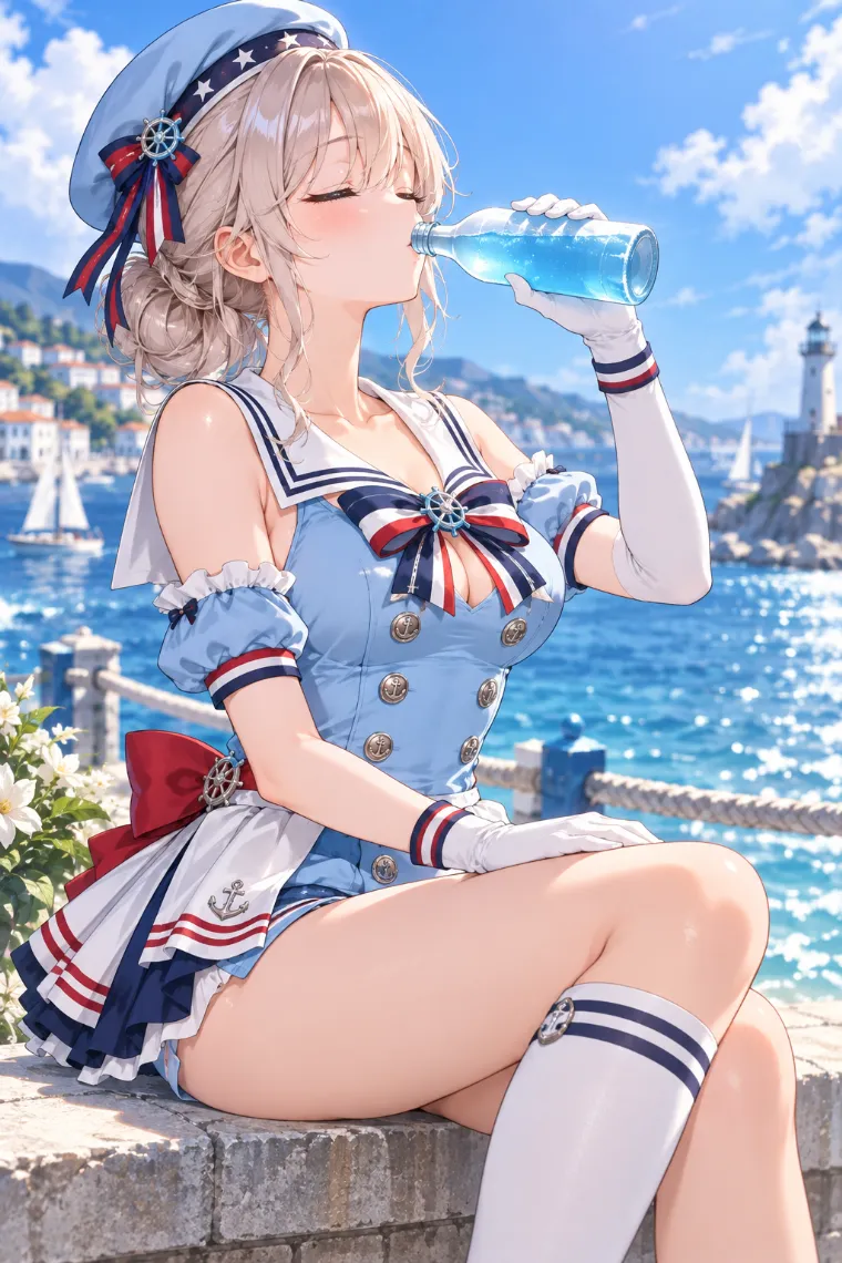 AIイラスト版｜海辺の柵に横座りしてボトルで飲むポーズ｜女の子のポーズ