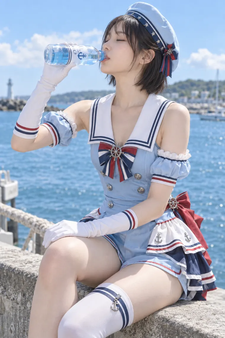 実写AI版｜海辺の柵に横座りしてボトルで飲むポーズ｜女の子のポーズ