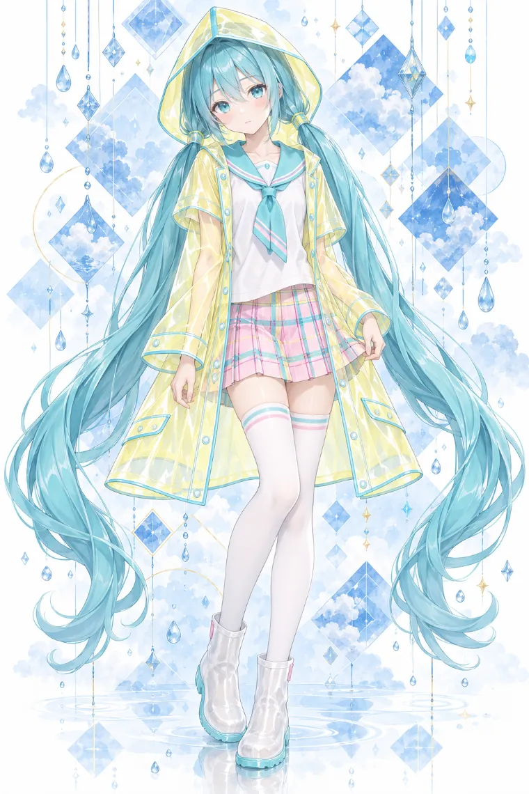透明な黄色のレインコートと淡いピンクのプレイドスカートを合わせたメルト着想の初音ミク概念コーデAIイラスト