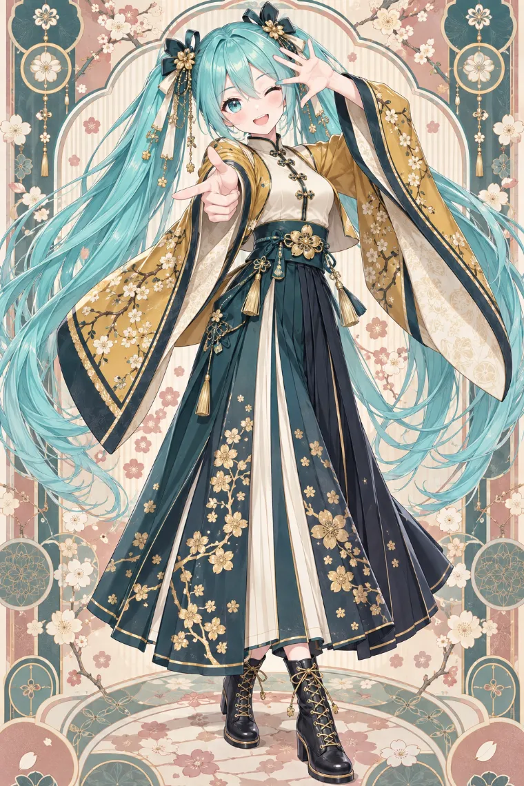 黄土金の大袖と青緑のロングプリーツに黄金の桜とレースアップブーツを合わせた千本桜着想の初音ミク概念コーデAIイラスト
