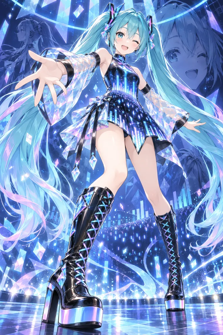 深い青のドレス全面にライブの光柱や観客の光点を映し透明なプリズム袖を合わせた初音ミク概念コーデAIイラスト
