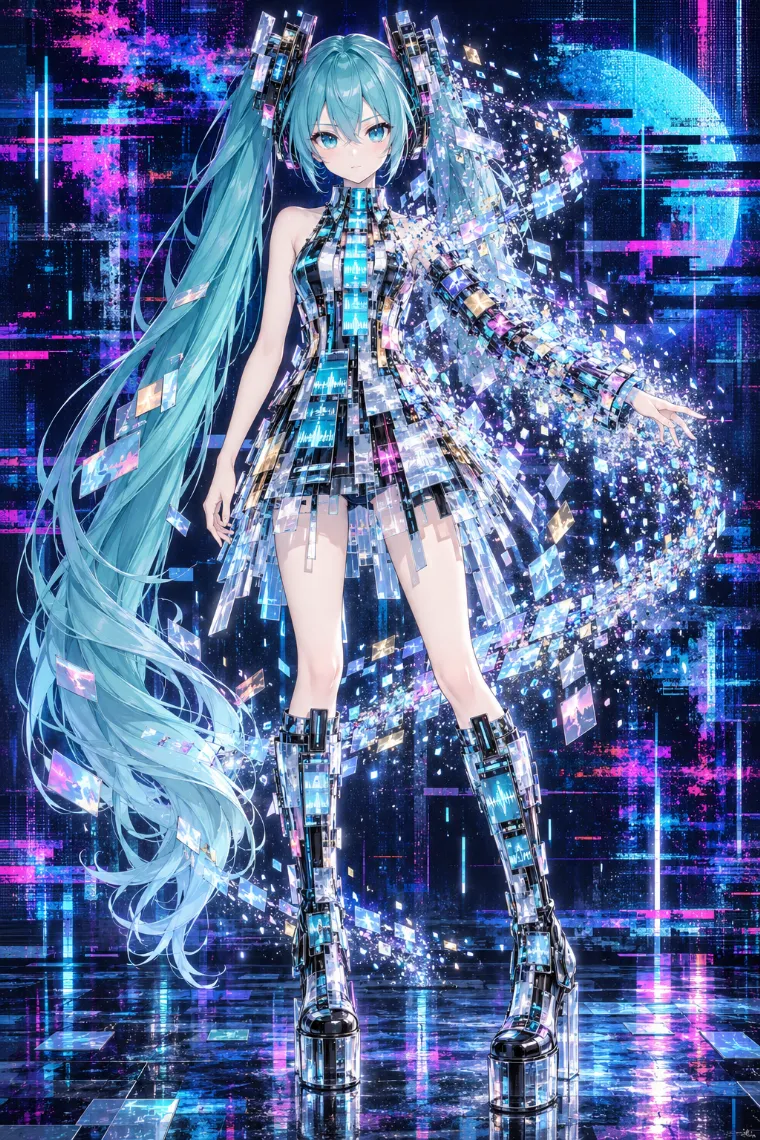 黒いフレームと透明な情報パネルでできた衣装が片側から光の粒へほどける初音ミクの消失着想の概念コーデAIイラスト