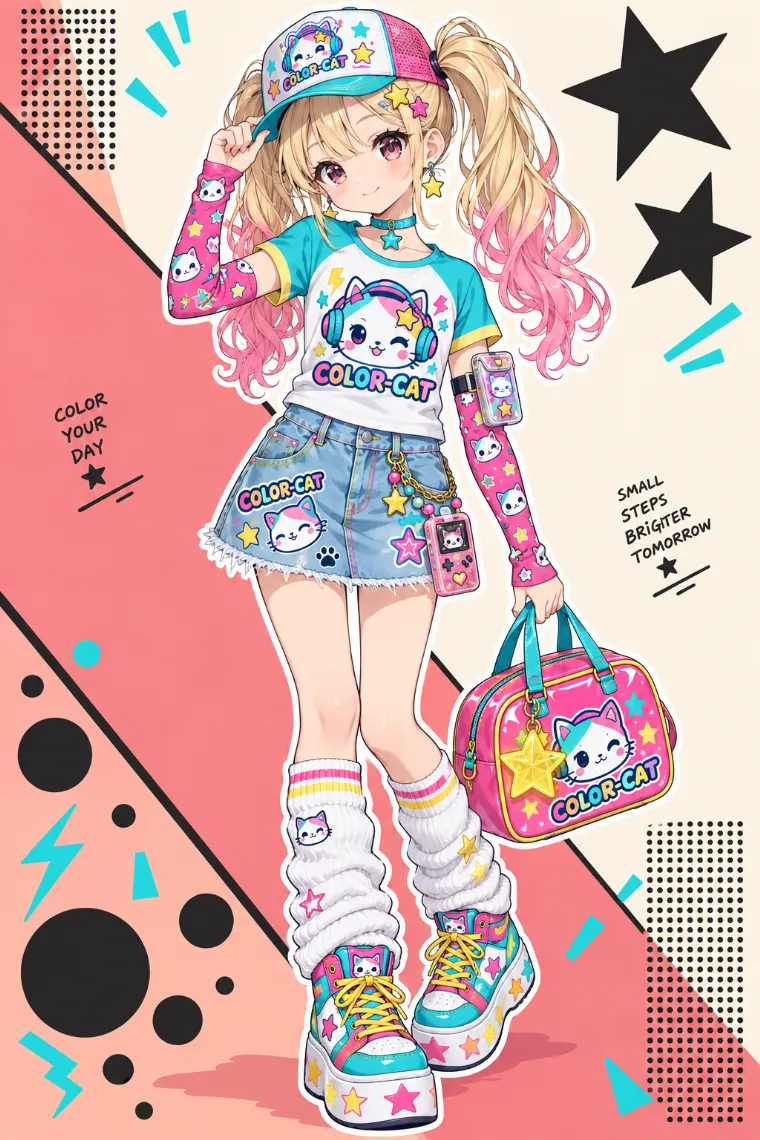 AIイラスト｜猫グラフィックTとデニムミニ、白レッグウォーマーの平成女児服コーデ