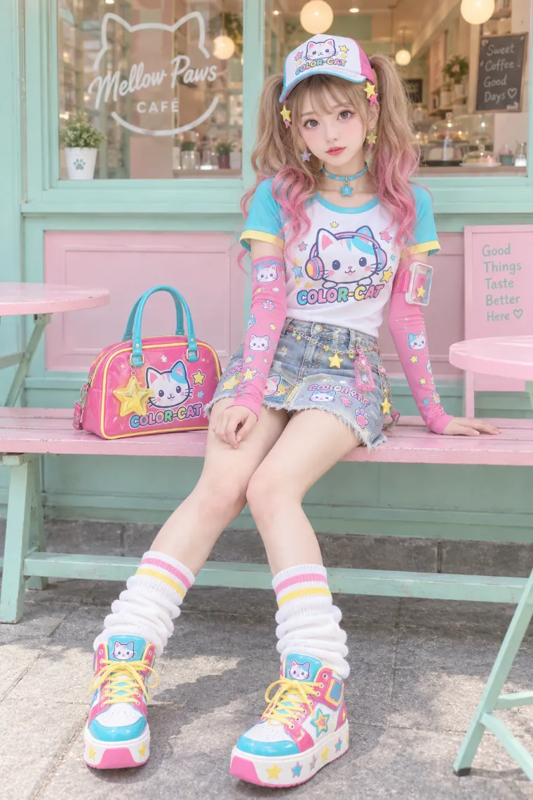 実写AI｜猫グラフィックTとデニムミニ、白レッグウォーマーの平成女児服コーデ