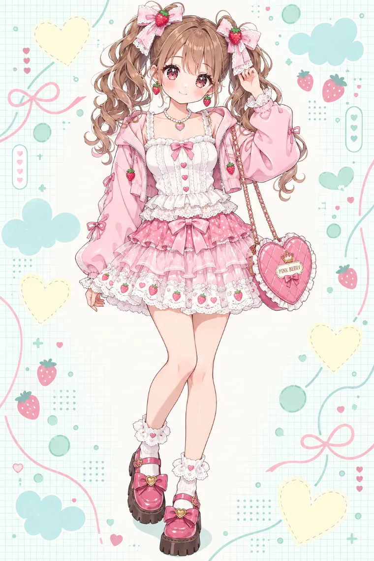 AIイラスト｜ピンクのクロップドパーカーといちご柄ティアードスカートの平成女児服