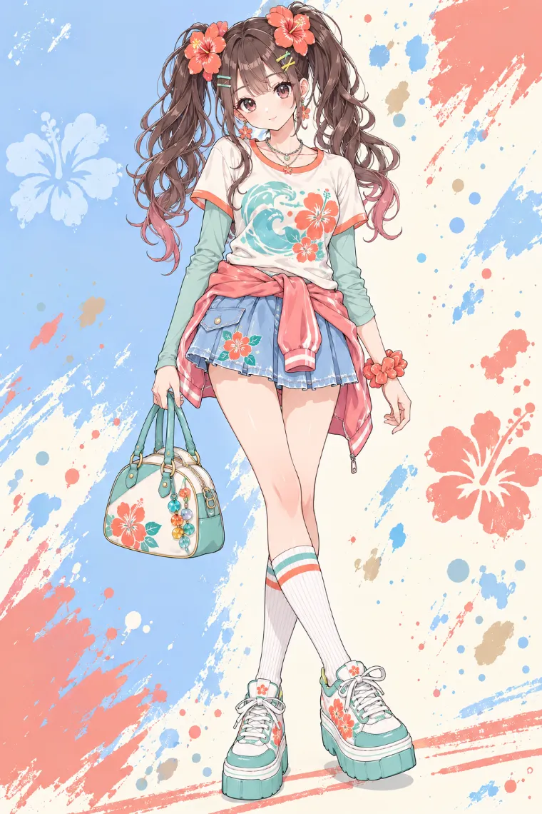 AIイラスト｜ミント×オレンジの重ね着Tとデニムプリーツミニのハイビスカスコーデ