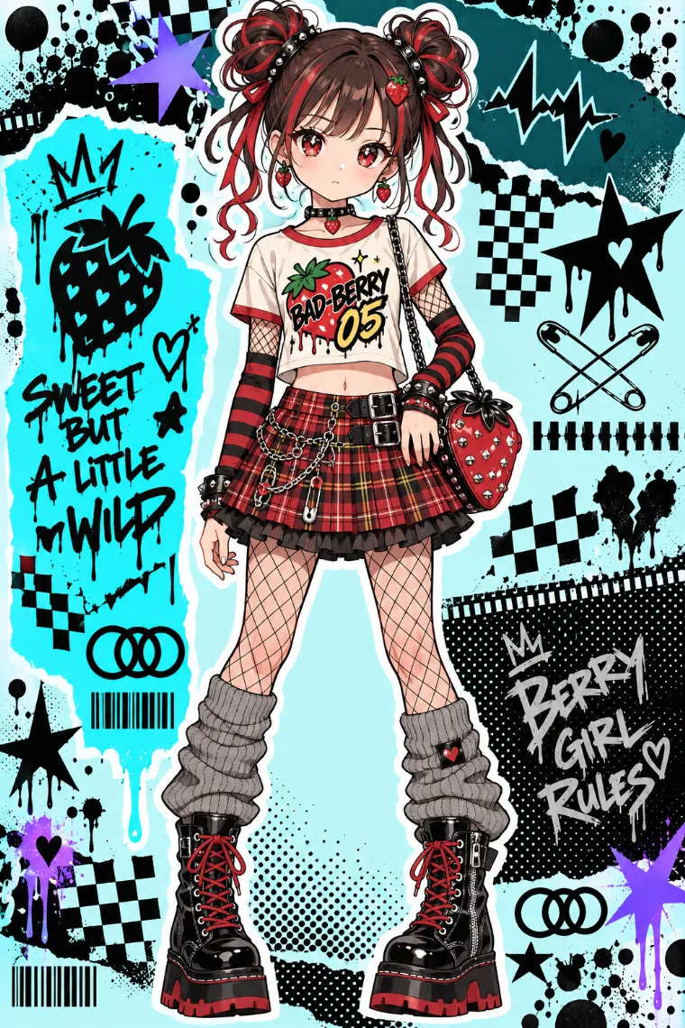 AIイラスト｜赤黒タータンのプリーツミニと網タイツ、厚底ブーツの平成女児服