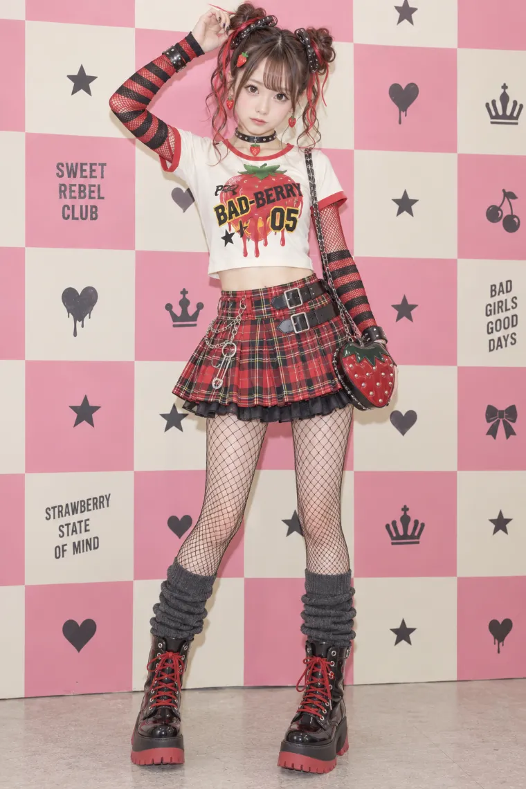 実写AI｜赤黒タータンのプリーツミニと網タイツ、厚底ブーツの平成女児服