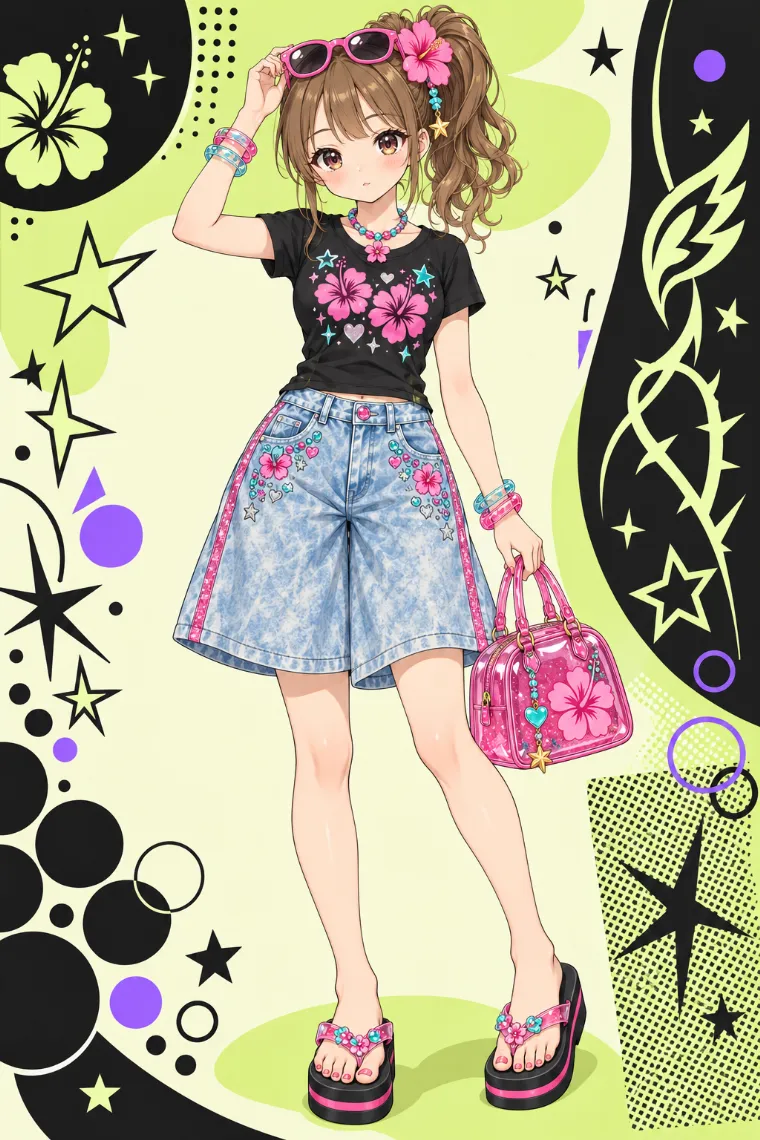 AIイラスト｜黒のハイビスカスTとデニムキュロットのピンク差し色コーデ