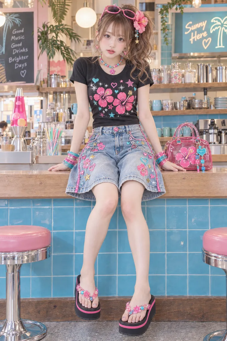 実写AI｜黒のハイビスカスTとデニムキュロットのピンク差し色コーデ