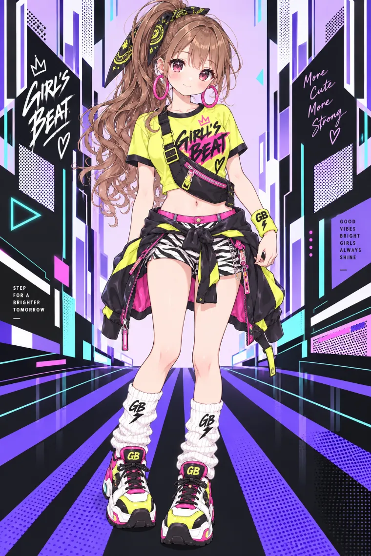 AIイラスト｜ネオンイエローのクロップドTとゼブラショーツの平成女児服コーデ
