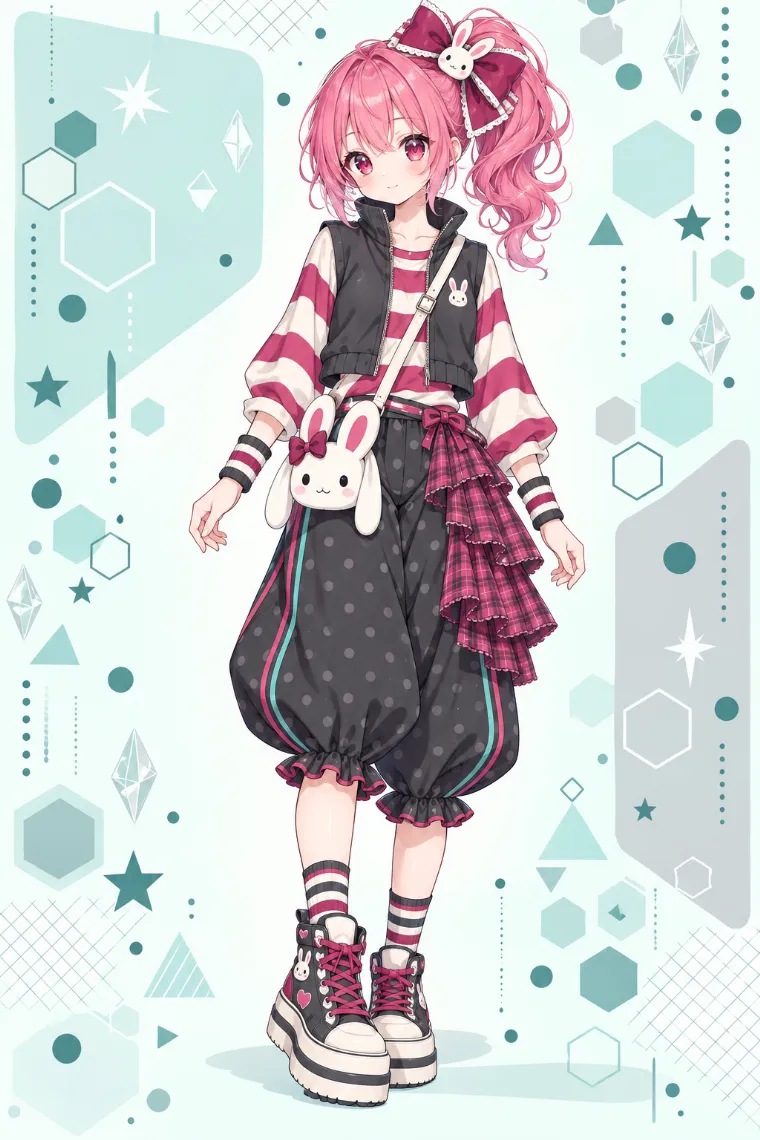 AIイラスト｜ラズベリーの太ボーダーとチャコールのバルーンカプリパンツコーデ