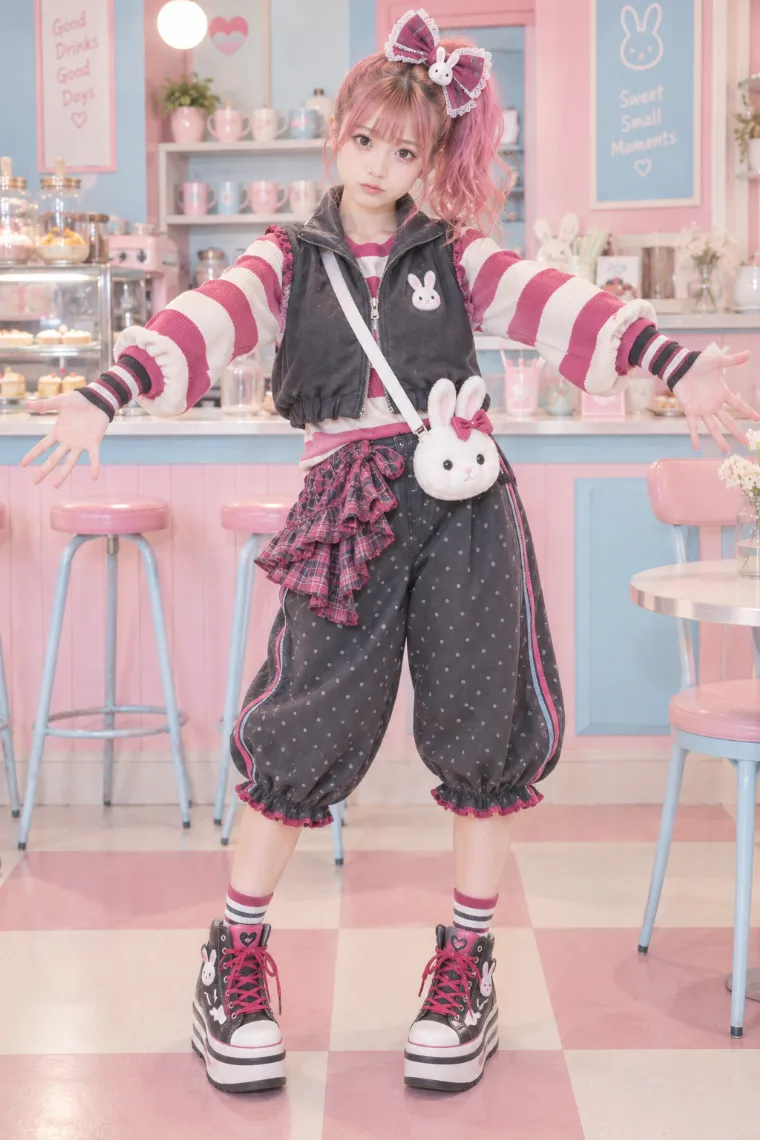 実写AI｜ラズベリーの太ボーダーとチャコールのバルーンカプリパンツコーデ