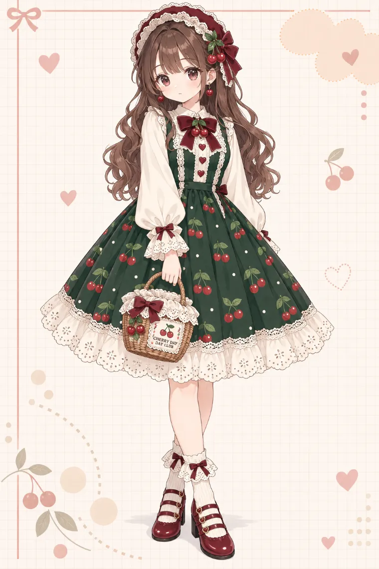 AIイラスト｜チェリー柄グリーンのピナフォアワンピと赤いメリージェーンのコーデ