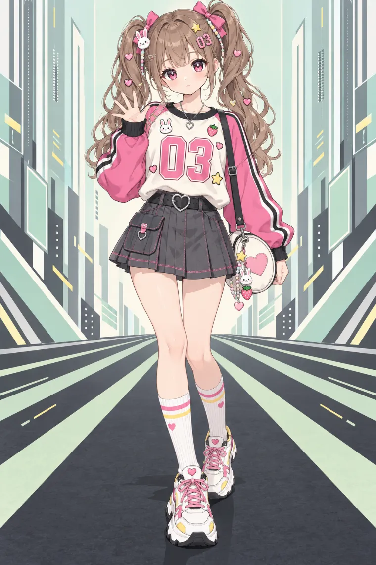 AIイラスト｜ピンク袖のレーシングスウェットとプリーツミニの平成女児服コーデ