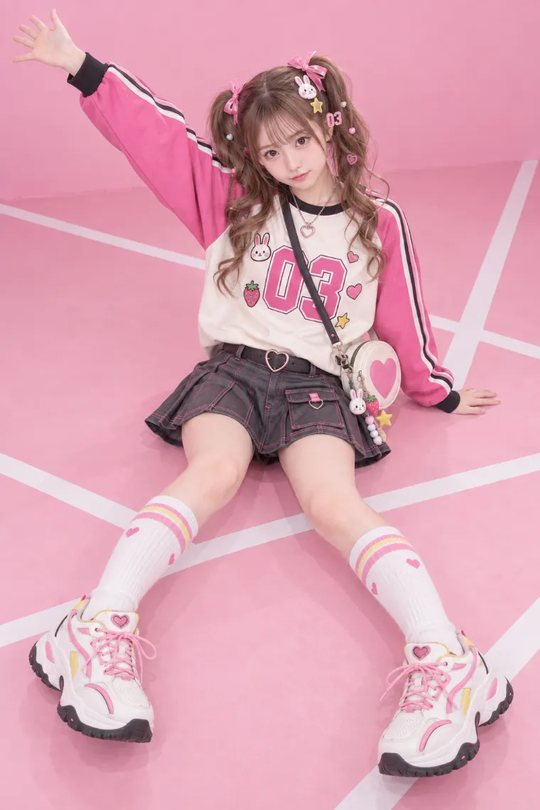 実写AI｜ピンク袖のレーシングスウェットとプリーツミニの平成女児服コーデ