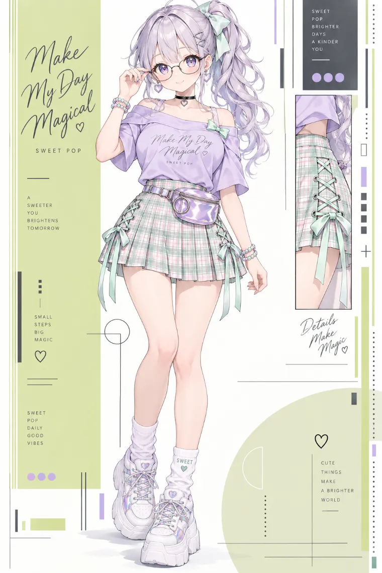 AIイラスト｜ラベンダーのオフショルトップとミント系パステルチェックミニのコーデ
