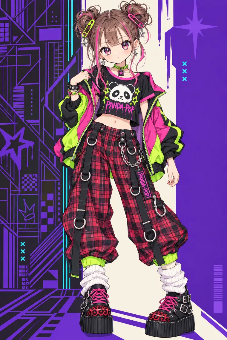 AIイラスト｜ネオンウインドブレーカーと赤黒タータンパンツの平成女児服