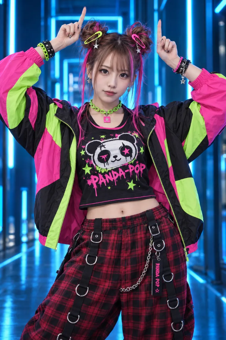 実写AI｜ネオンウインドブレーカーと赤黒タータンパンツの平成女児服