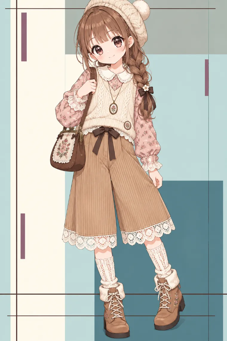 AIイラスト｜小花柄ブラウスとニットベスト、ベージュのコーデュロイキュロットコーデ