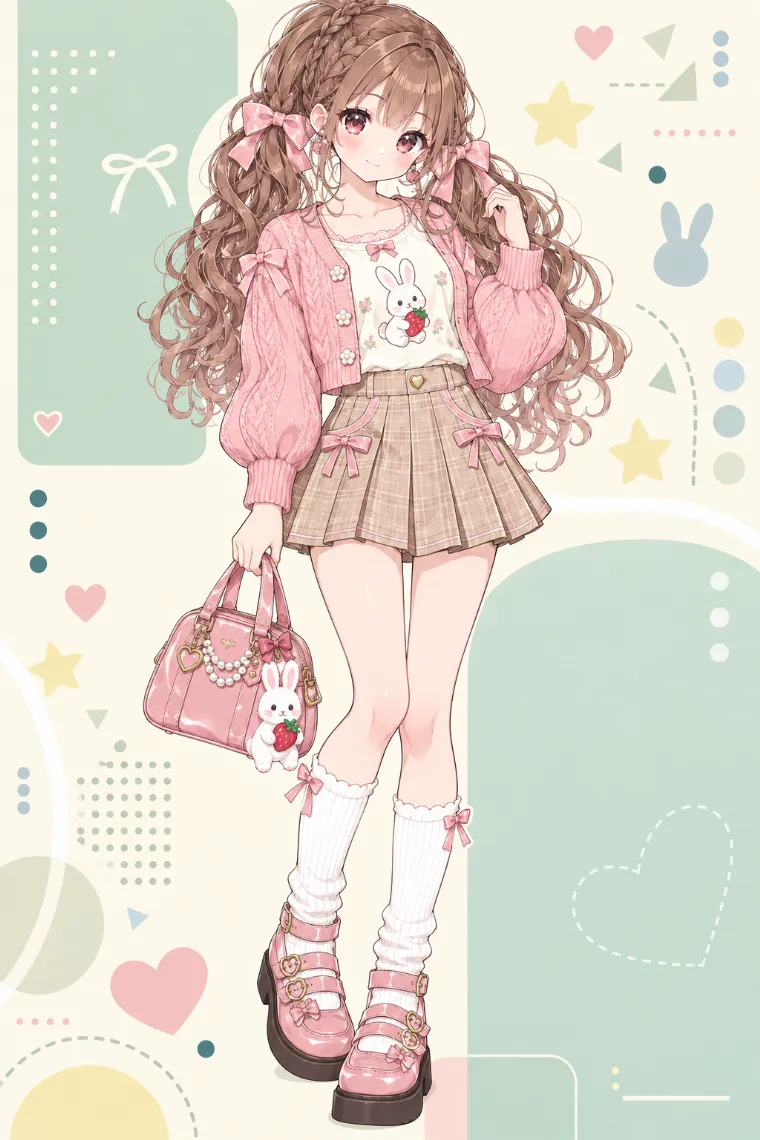 AIイラスト｜ダスティピンクのカーディガンとうさぎT、ベージュのプリーツミニコーデ