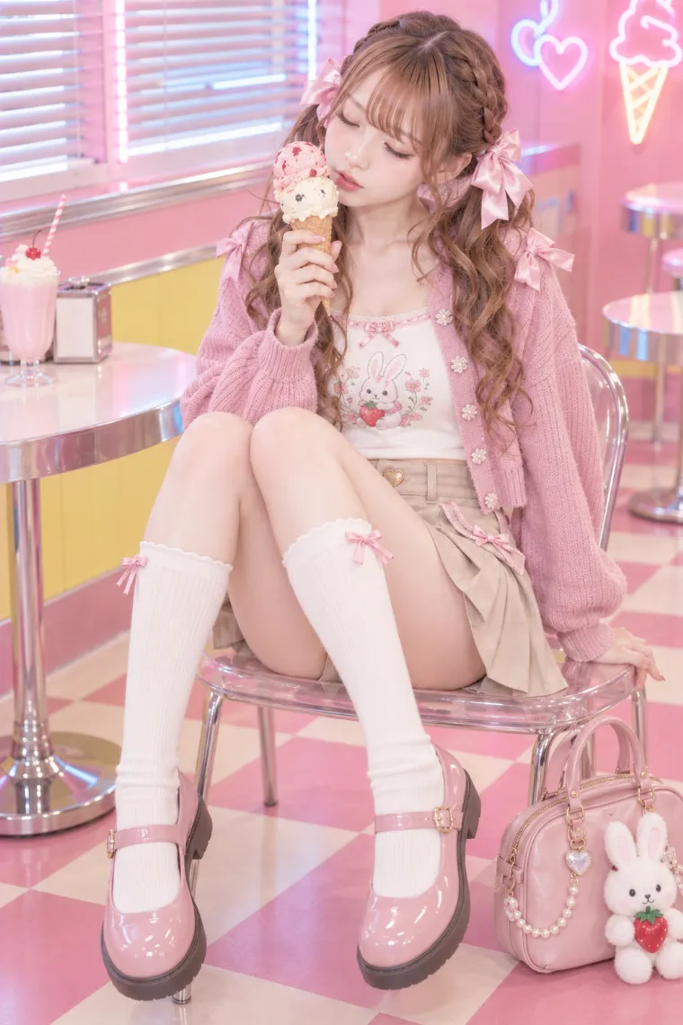 実写AI｜ダスティピンクのカーディガンとうさぎT、ベージュのプリーツミニコーデ