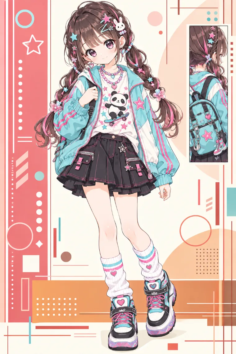 AIイラスト｜アクアのウインドブレーカーとパンダT、黒プリーツミニの平成女児服