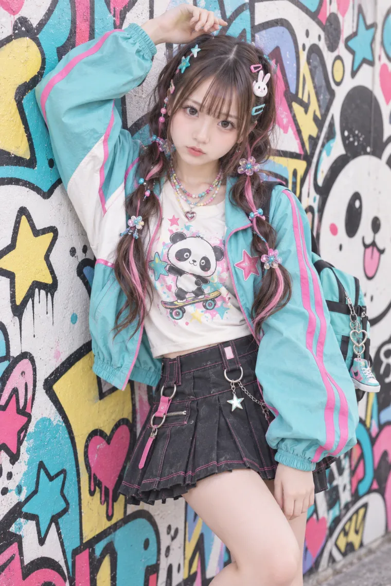 実写AI｜アクアのウインドブレーカーとパンダT、黒プリーツミニの平成女児服