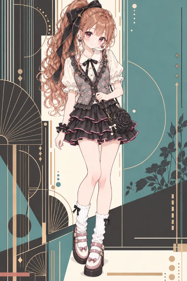 AIイラスト｜白ブラウスと花柄ベスト、チャコールのフリルスコートコーデ