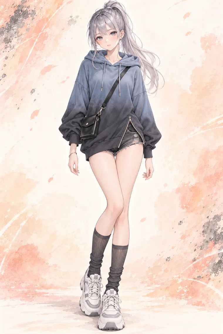 AIイラスト版｜グラデーションカラーのオーバーサイズパーカーにブラックデニムのホットパンツ、ニーハイソックスと厚底スニーカーを合わせたコーデ