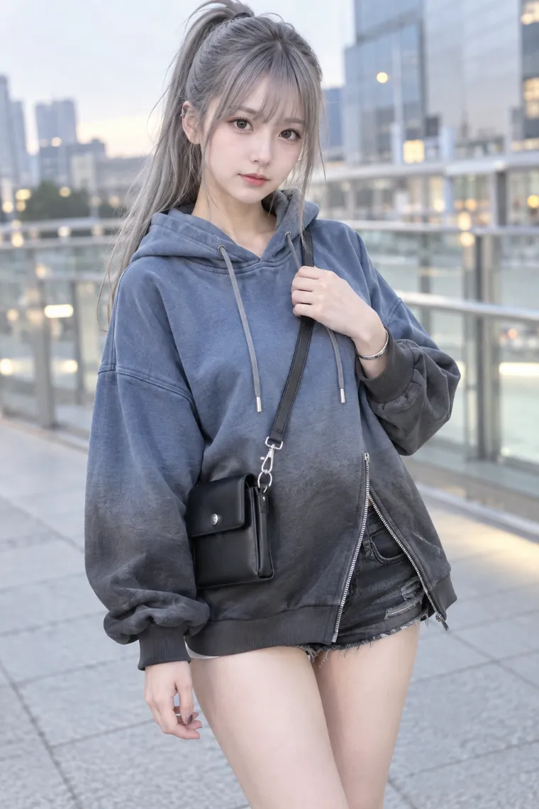 実写AI美女版｜グラデーションカラーのオーバーサイズパーカーにブラックデニムのホットパンツ、ニーハイソックスと厚底スニーカーを合わせたコーデ