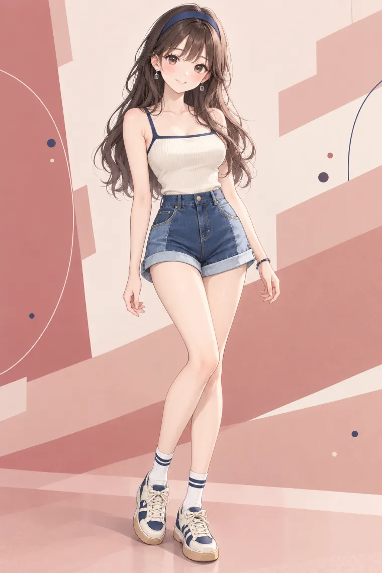 AIイラスト版｜アイボリーのリブキャミソールにツートーンデニムのハイウエストホットパンツ、レトロスニーカーを合わせたコーデ