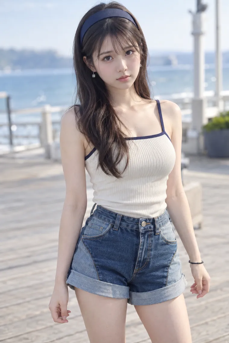 実写AI美女版｜アイボリーのリブキャミソールにツートーンデニムのハイウエストホットパンツ、レトロスニーカーを合わせたコーデ