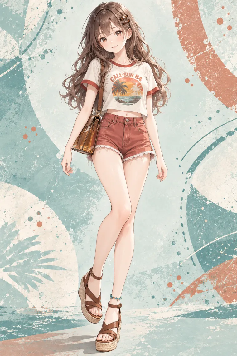AIイラスト版｜クリームのリンガーTシャツにコーラルデニムのフリンジホットパンツ、ブラウンの厚底サンダルを合わせたコーデ