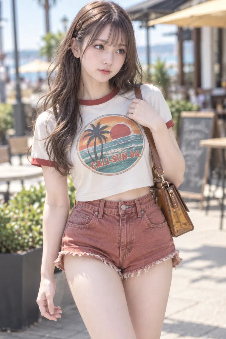 実写AI美女版｜クリームのリンガーTシャツにコーラルデニムのフリンジホットパンツ、ブラウンの厚底サンダルを合わせたコーデ