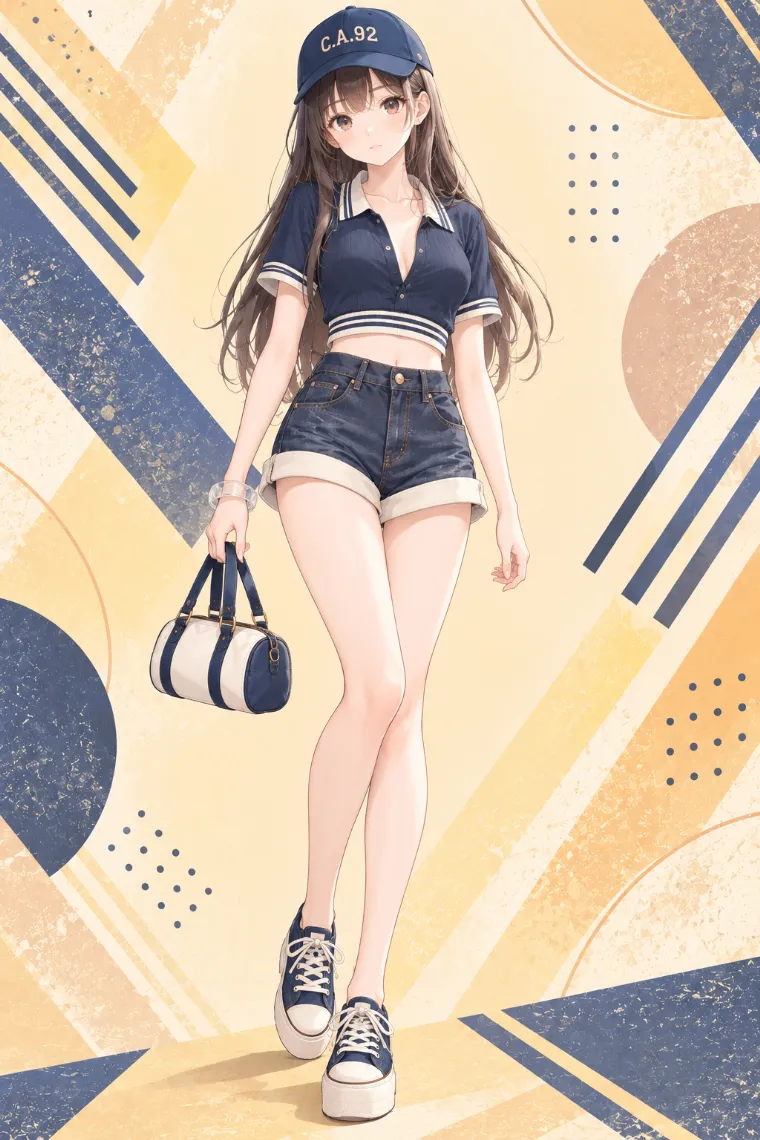 AIイラスト版｜ネイビーのクロップドポロに濃紺デニムのロールアップホットパンツ、ネイビー系厚底スニーカーを合わせたコーデ