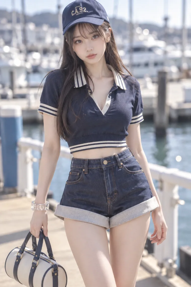 実写AI美女版｜ネイビーのクロップドポロに濃紺デニムのロールアップホットパンツ、ネイビー系厚底スニーカーを合わせたコーデ
