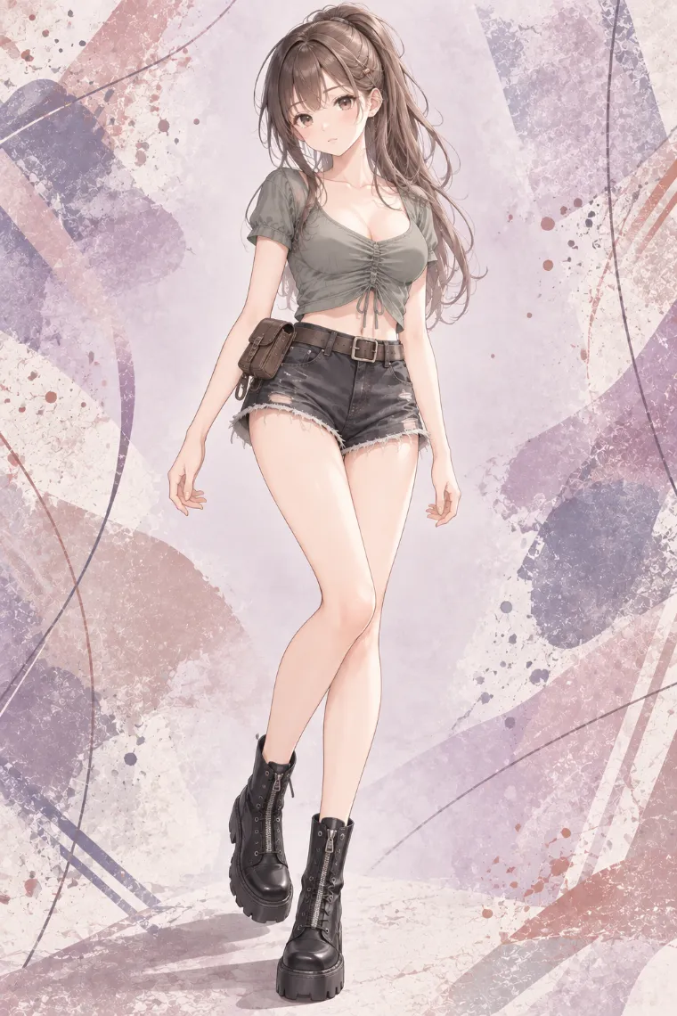 AIイラスト版｜セージグレーのギャザートップにブラックのダメージデニムホットパンツ、黒の厚底コンバットブーツを合わせたコーデ