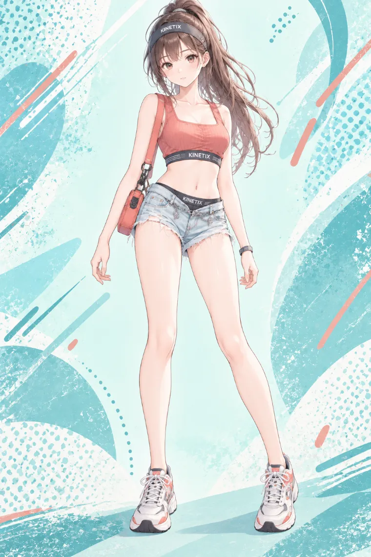 AIイラスト版｜コーラルのスポーツクロップトップにライトブルーのローライズデニムホットパンツ、ランニングスニーカーを合わせたコーデ