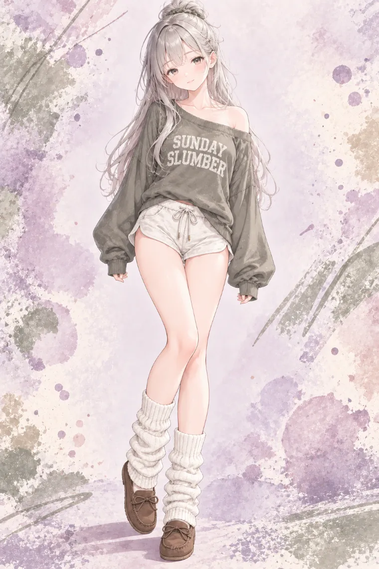AIイラスト版｜オリーブグレーのオフショルスウェットにアイボリーのジャージーホットパンツ、レッグウォーマーとモカシンローファーを合わせたコーデ