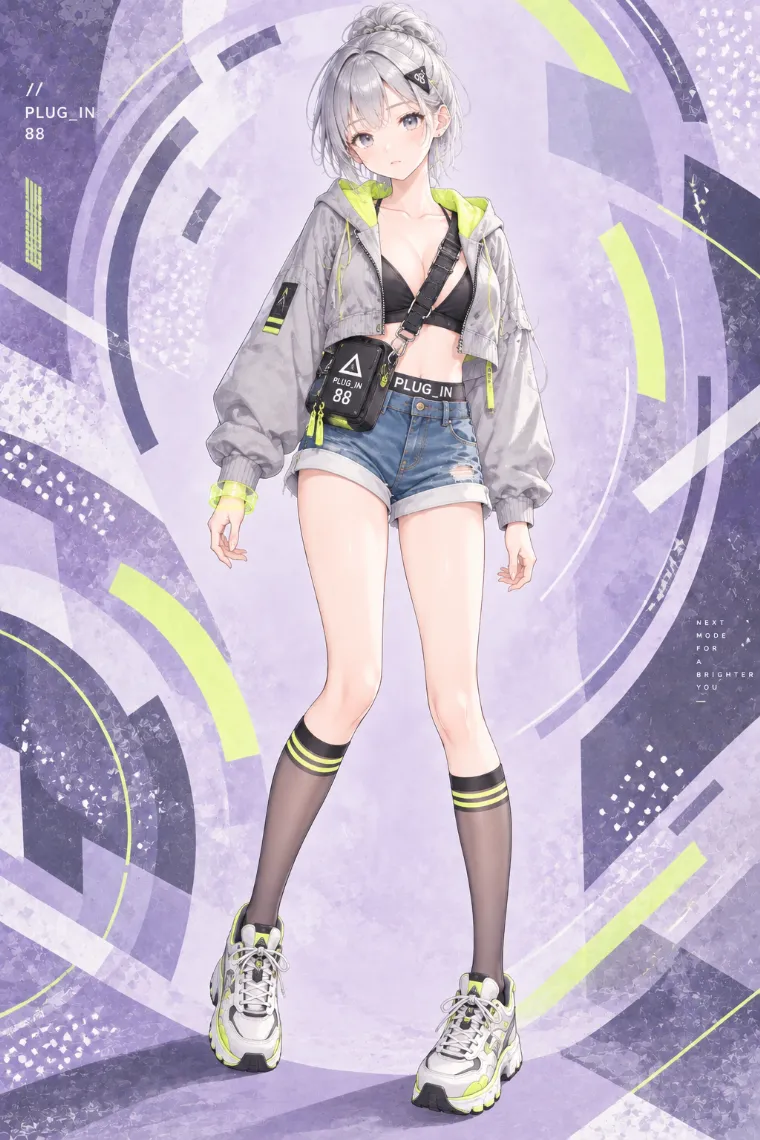 AIイラスト版｜ライトグレーのクロップドパーカーにブルーデニムのロールアップホットパンツ、シアーソックスと厚底スニーカーを合わせたコーデ