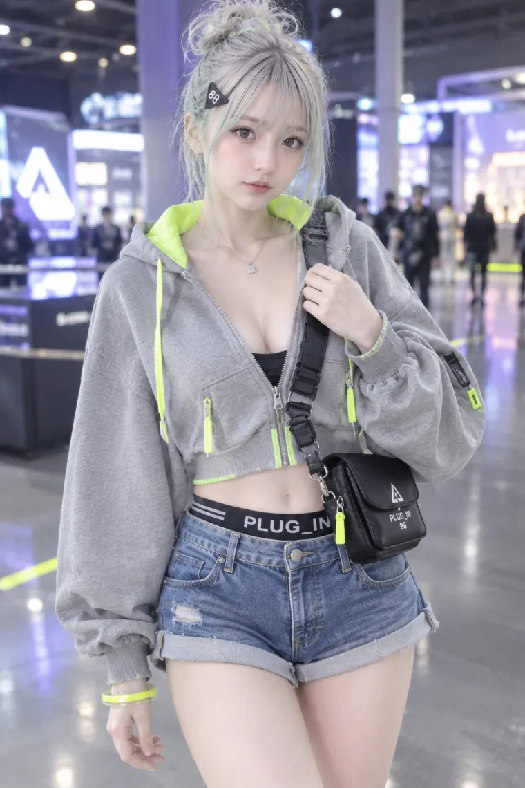 実写AI美女版｜ライトグレーのクロップドパーカーにブルーデニムのロールアップホットパンツ、シアーソックスと厚底スニーカーを合わせたコーデ