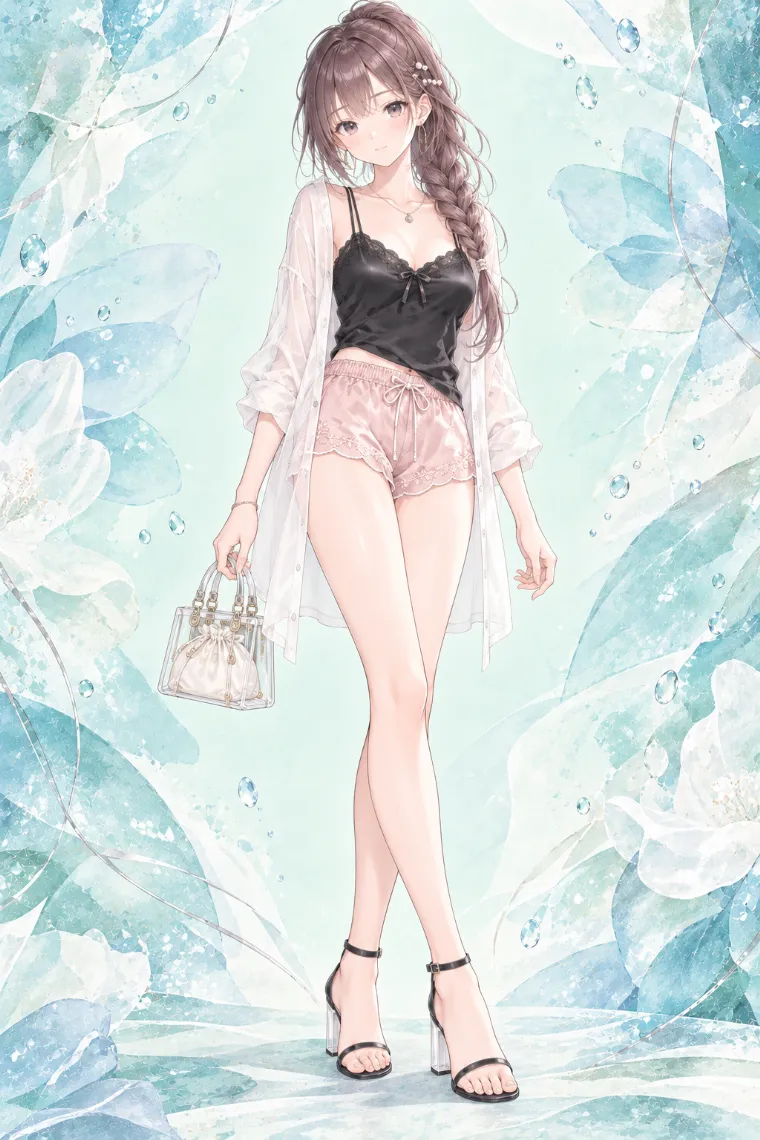 AIイラスト版｜黒サテンキャミとシアーシャツにピンクサテンのホットパンツ、クリアヒールの黒ストラップサンダルを合わせたコーデ
