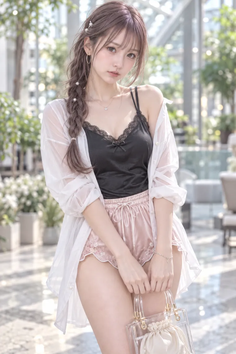 実写AI美女版｜黒サテンキャミとシアーシャツにピンクサテンのホットパンツ、クリアヒールの黒ストラップサンダルを合わせたコーデ