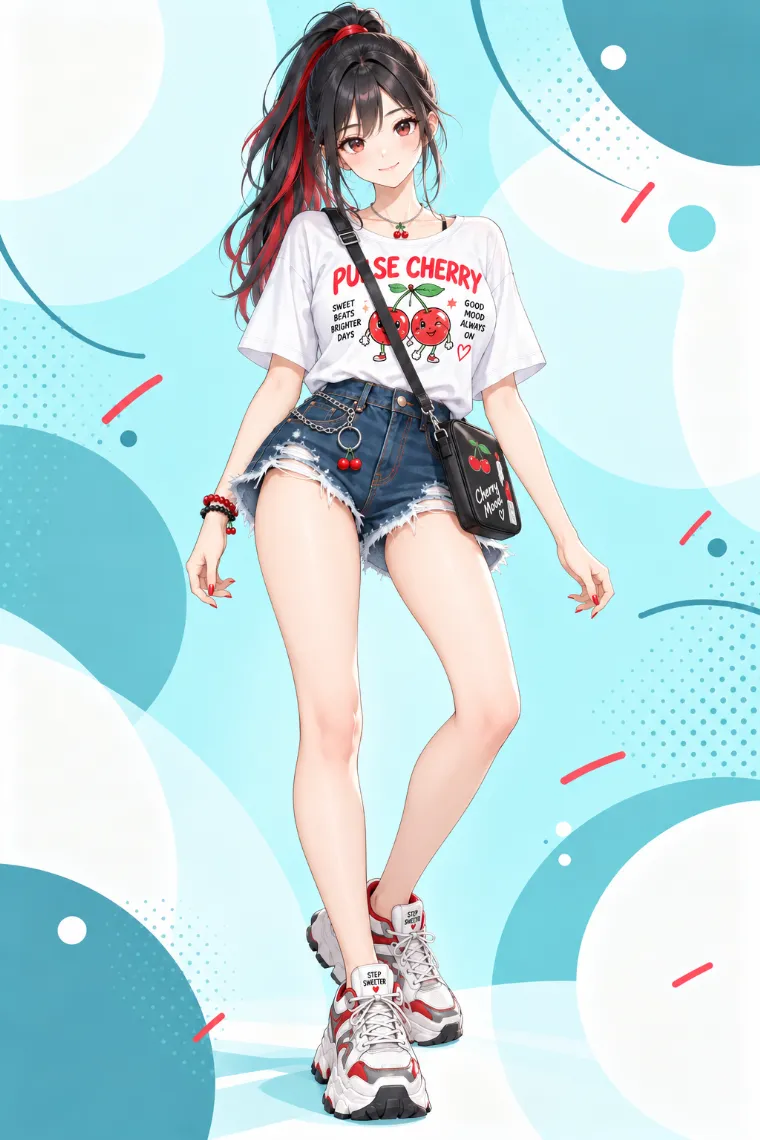 AIイラスト版｜白のグラフィックTシャツに濃紺ダメージデニムのホットパンツ、白×グレー×赤の厚底スニーカーを合わせたコーデ