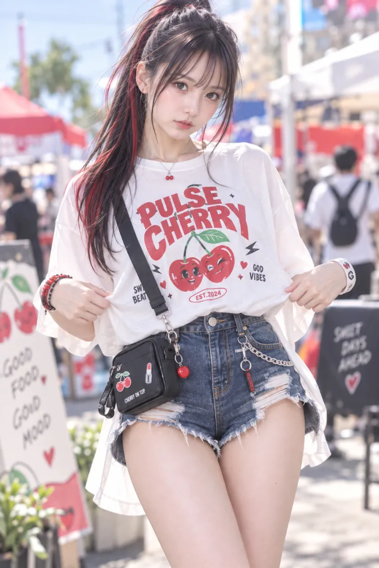 実写AI美女版｜白のグラフィックTシャツに濃紺ダメージデニムのホットパンツ、白×グレー×赤の厚底スニーカーを合わせたコーデ