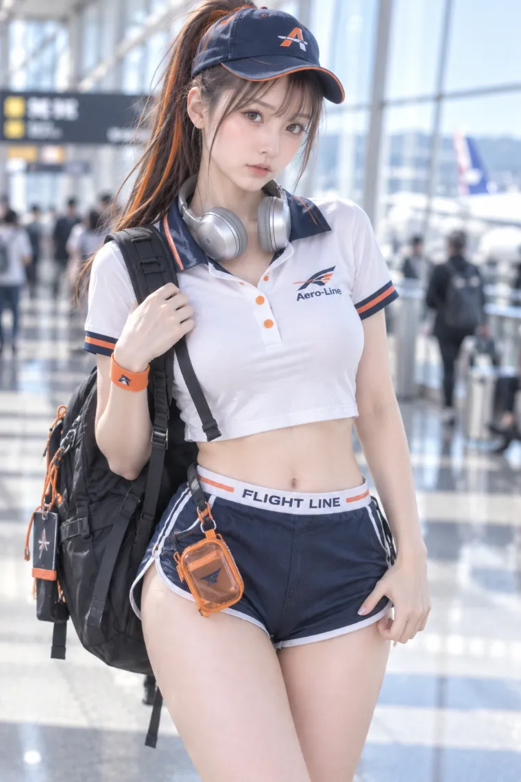実写AI美女版｜白のクロップドポロにネイビーのスポーツホットパンツ、白×ネイビー×オレンジのランニングスニーカーを合わせたコーデ