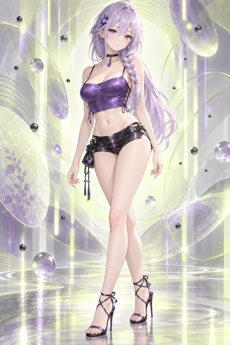 AIイラスト版｜紫サテンのバンドゥトップに黒レザーのコルセット風ホットパンツ、紫×黒のハイヒールサンダルを合わせたコーデ
